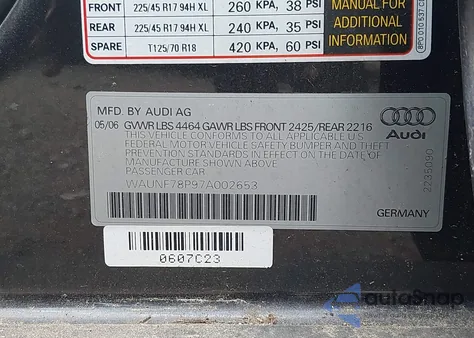 2007 Audi A3 2.0T from USA, damaged, VIN WAUNF78P97A002653